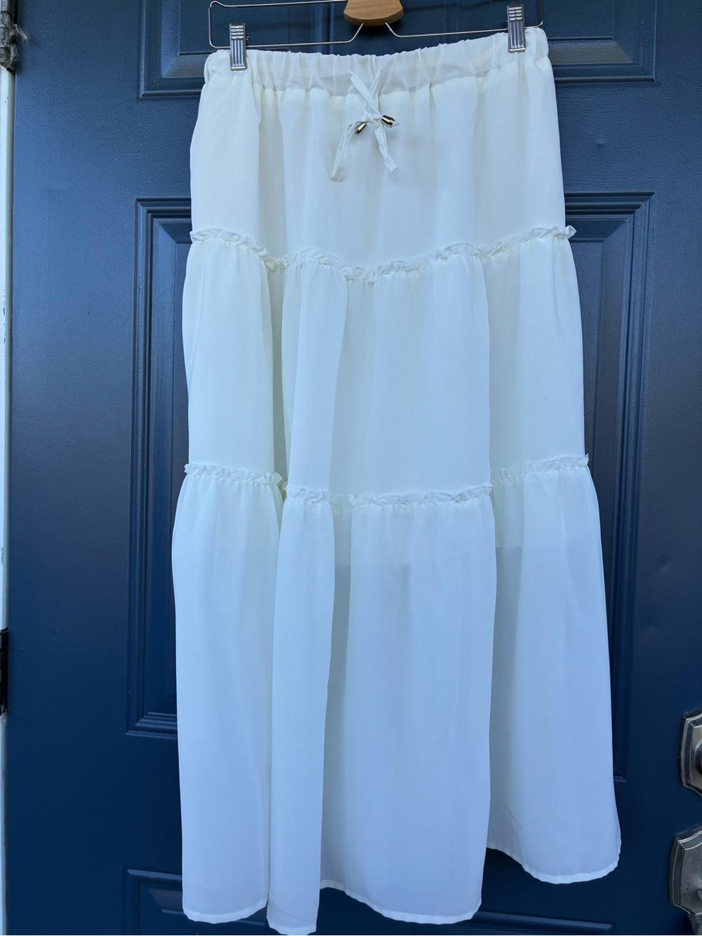 Women's White Tiered Maxi Skirt with Drawstring Waist